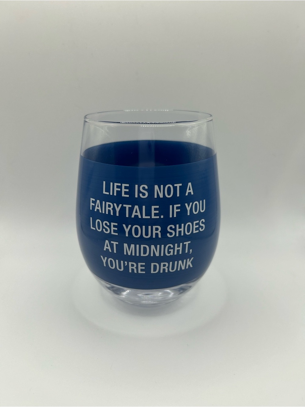 🆕 Blue Stemless Wine Glass - funny fairytale quote 👠 🍷